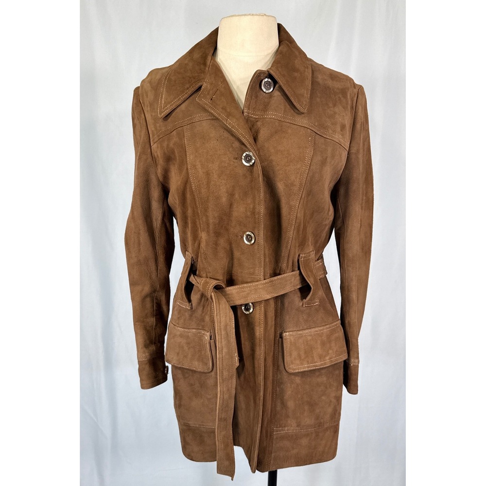 VTG Womens Brown Suede Leather Belted Trench Coat Jacket 70s Boho Hippie Autumn
